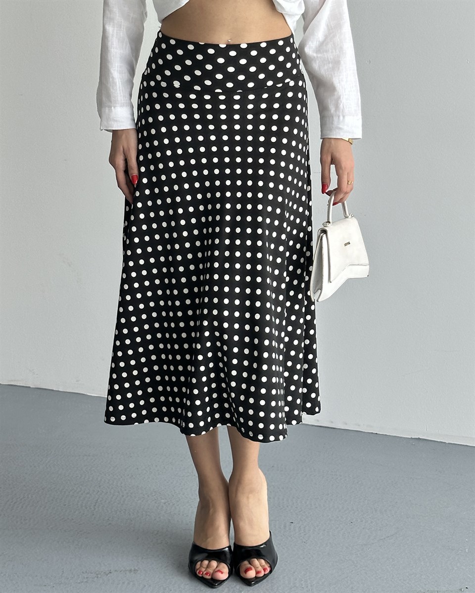 Siyah Puantiyeli Saten Midi Etek