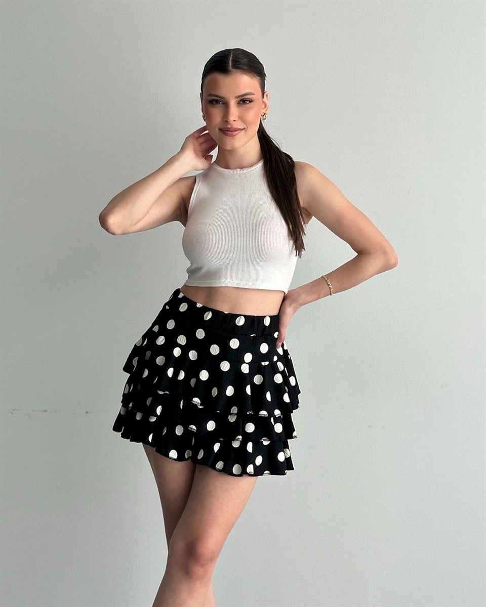 Siyah Puantiyeli Volanlı Şort Etek