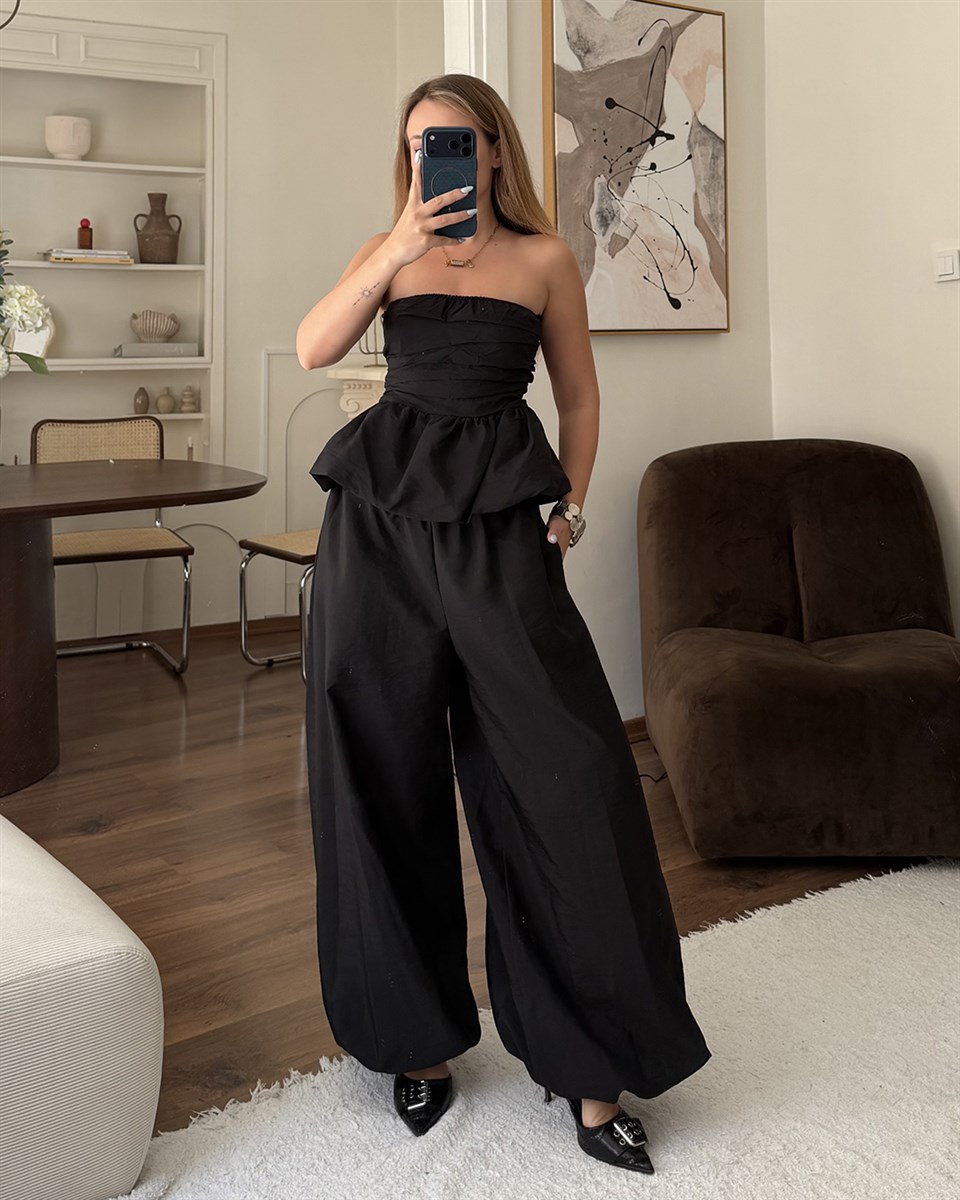 Siyah Straplez Peplum Büstiyer Pantolon Takım