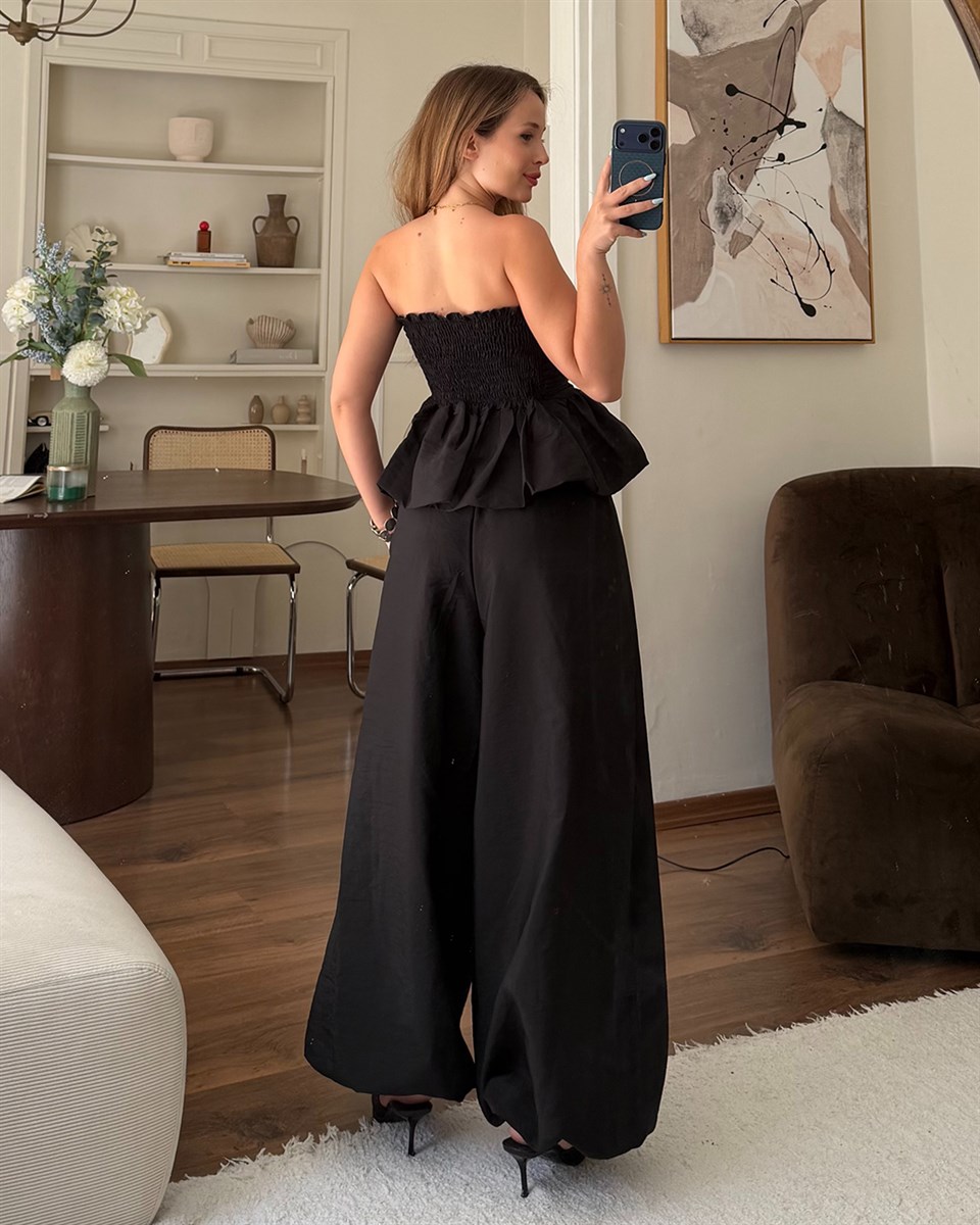 Siyah Straplez Peplum Büstiyer Pantolon Takım
