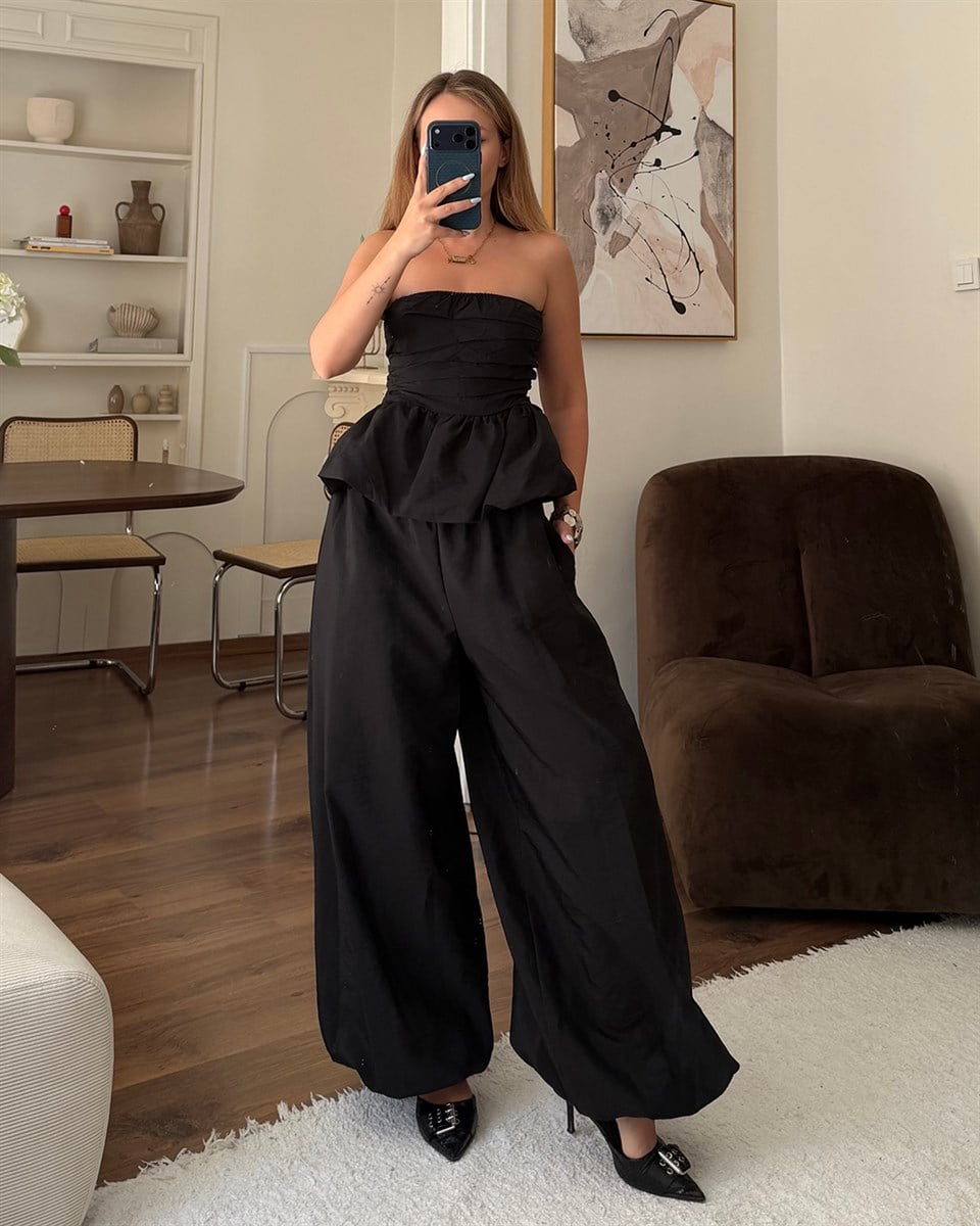 Siyah Straplez Peplum Büstiyer Pantolon Takım
