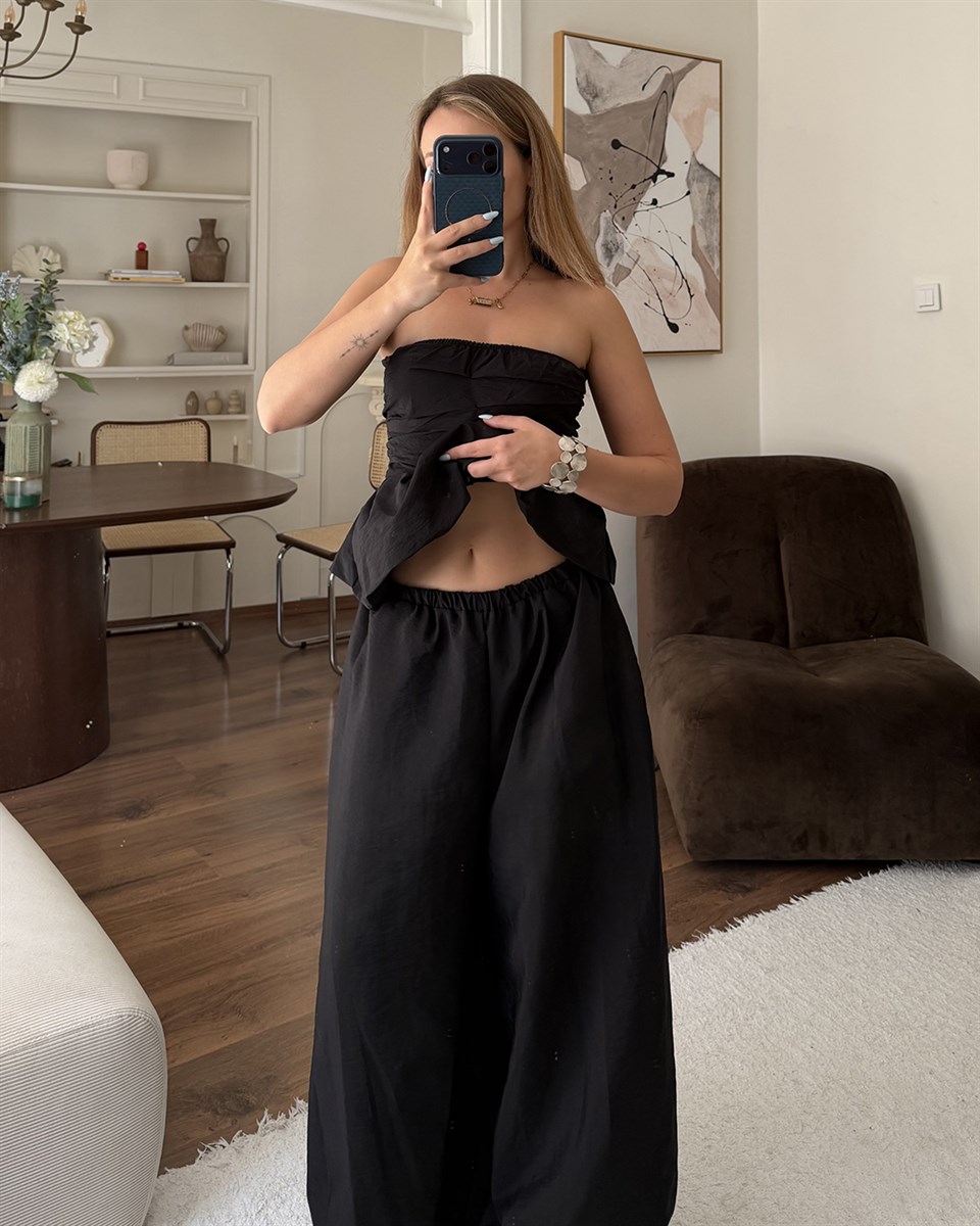 Siyah Straplez Peplum Büstiyer Pantolon Takım