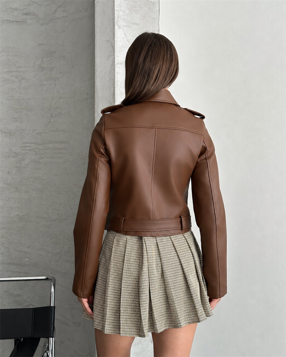 Kemerli Crop Biker Kahverengi Deri Ceket
