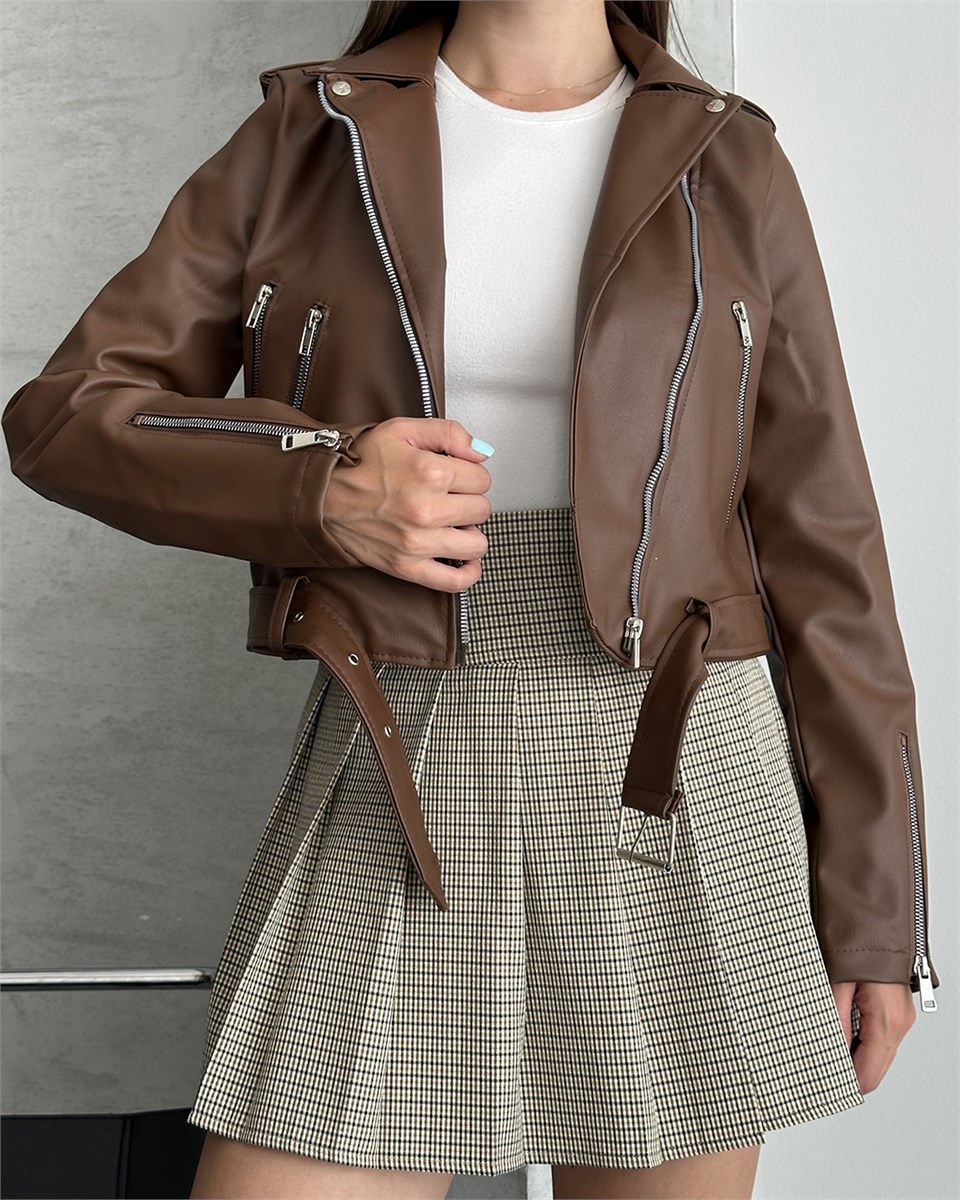 Kemerli Crop Biker Kahverengi Deri Ceket