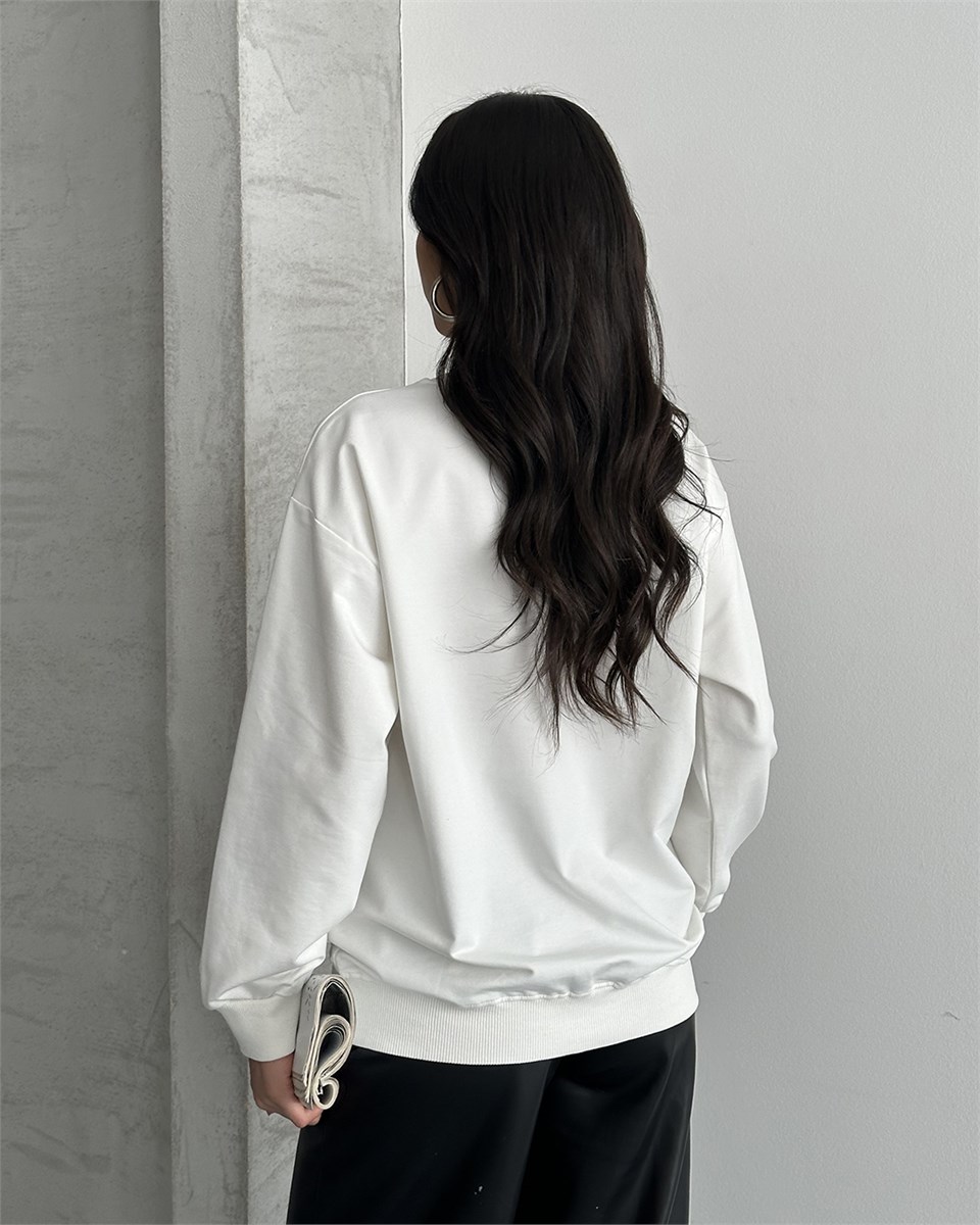 Taş Detaylı Unisex Beyaz Sweatshirt