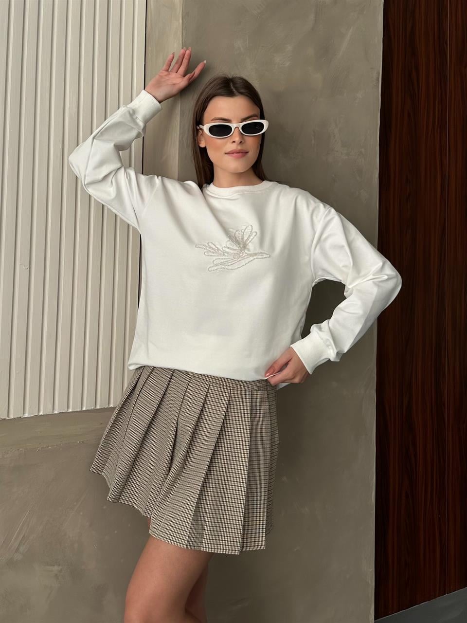 Taş Detaylı Unisex Beyaz Sweatshirt