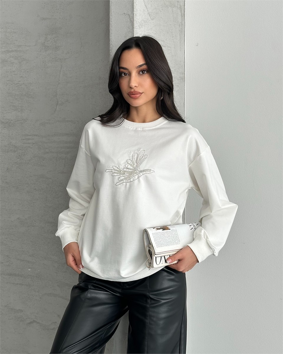 Taş Detaylı Unisex Beyaz Sweatshirt
