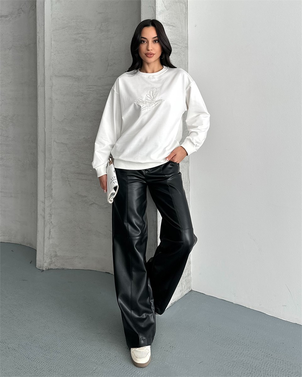 Taş Detaylı Unisex Beyaz Sweatshirt