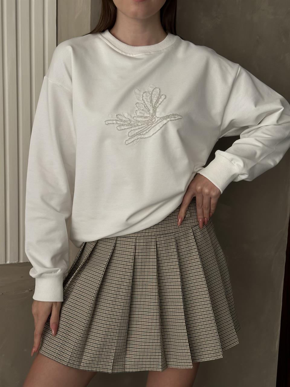 Taş Detaylı Unisex Beyaz Sweatshirt