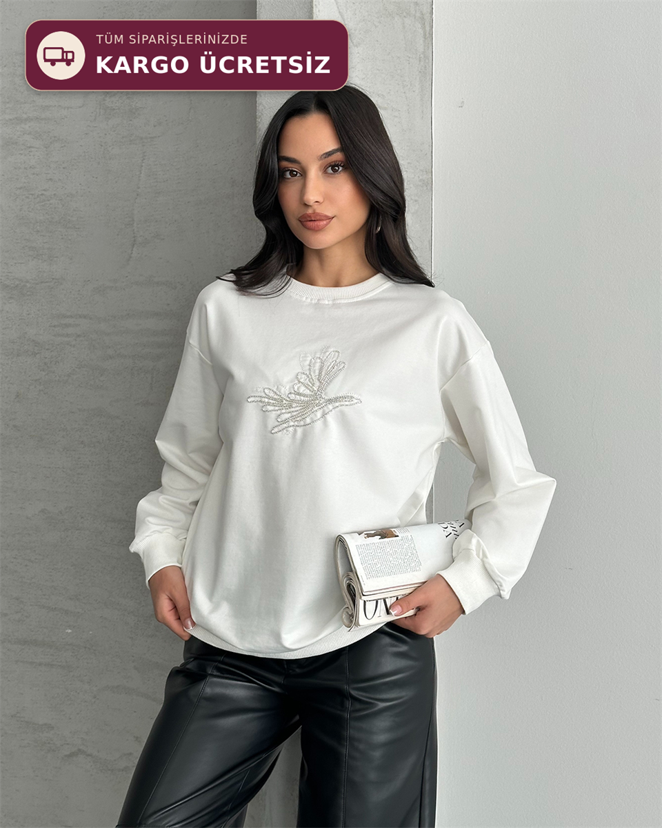 Taş Detaylı Unisex Beyaz Sweatshirt