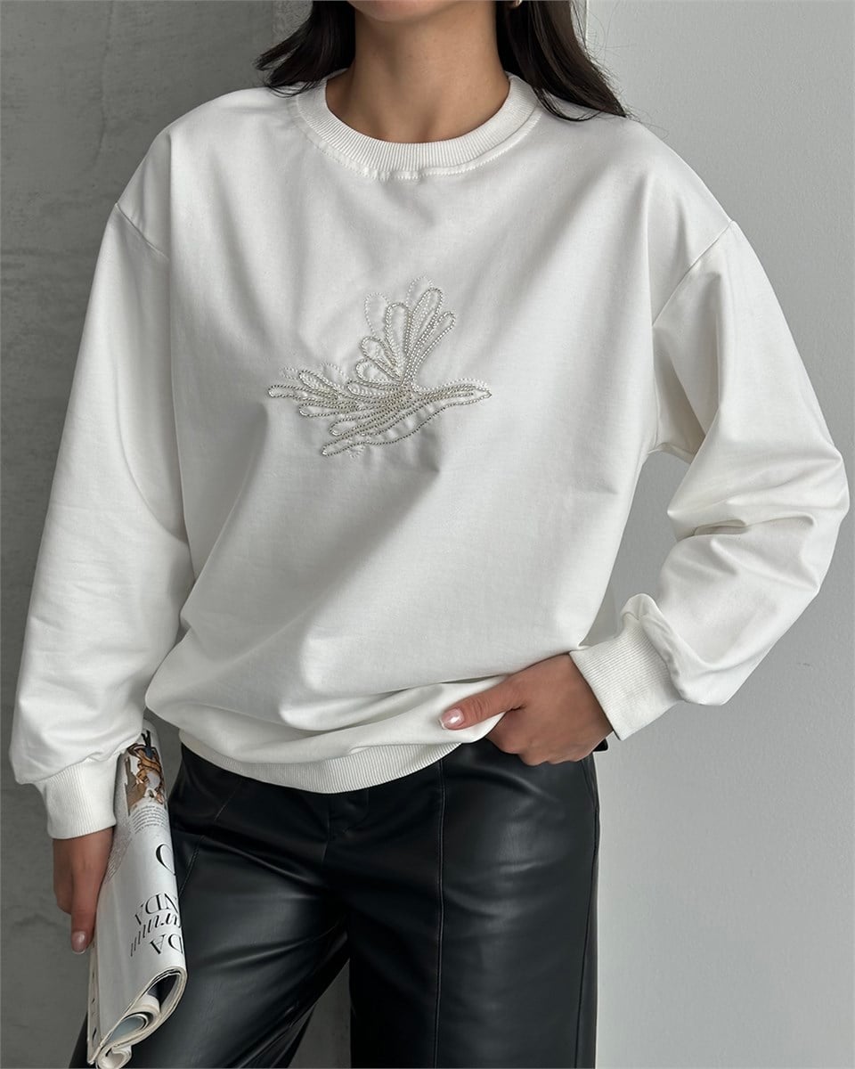Taş Detaylı Unisex Beyaz Sweatshirt