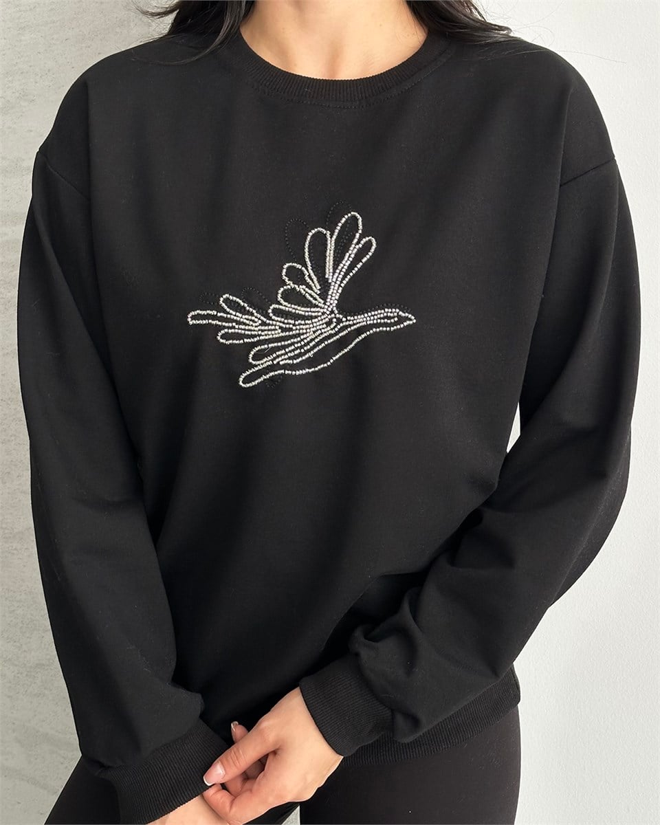 Taş Detaylı Unisex Siyah Sweatshirt