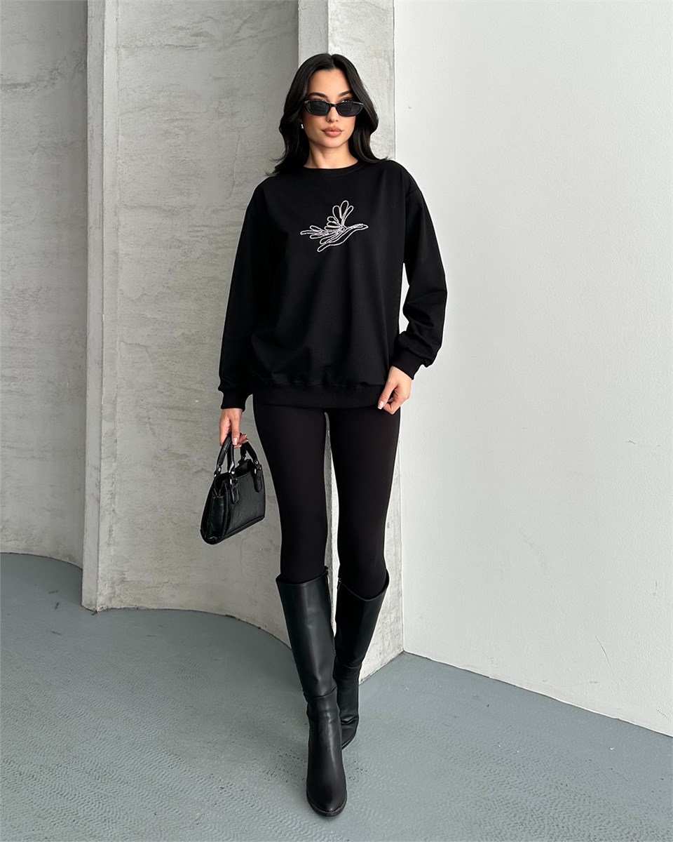 Taş Detaylı Unisex Siyah Sweatshirt