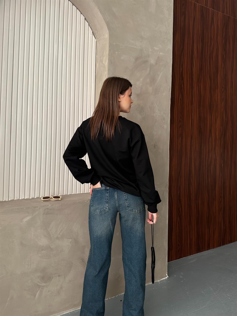 Taş Detaylı Unisex Siyah Sweatshirt