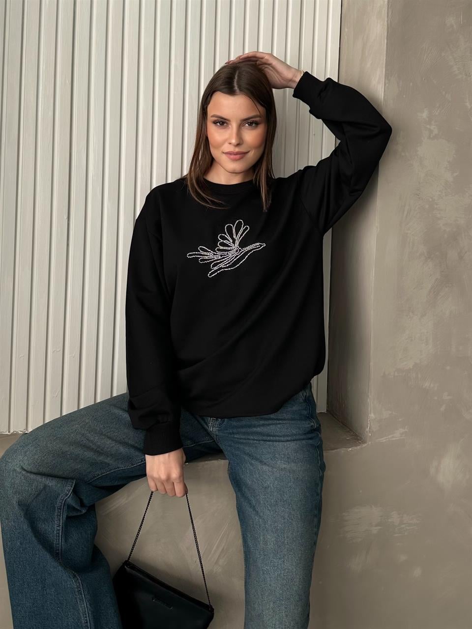 Taş Detaylı Unisex Siyah Sweatshirt