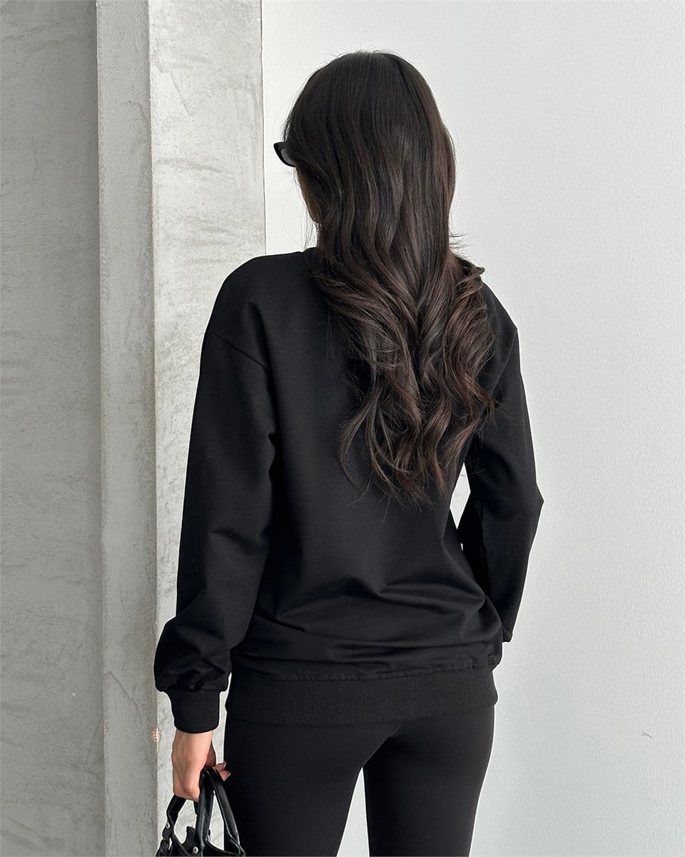 Taş Detaylı Unisex Siyah Sweatshirt