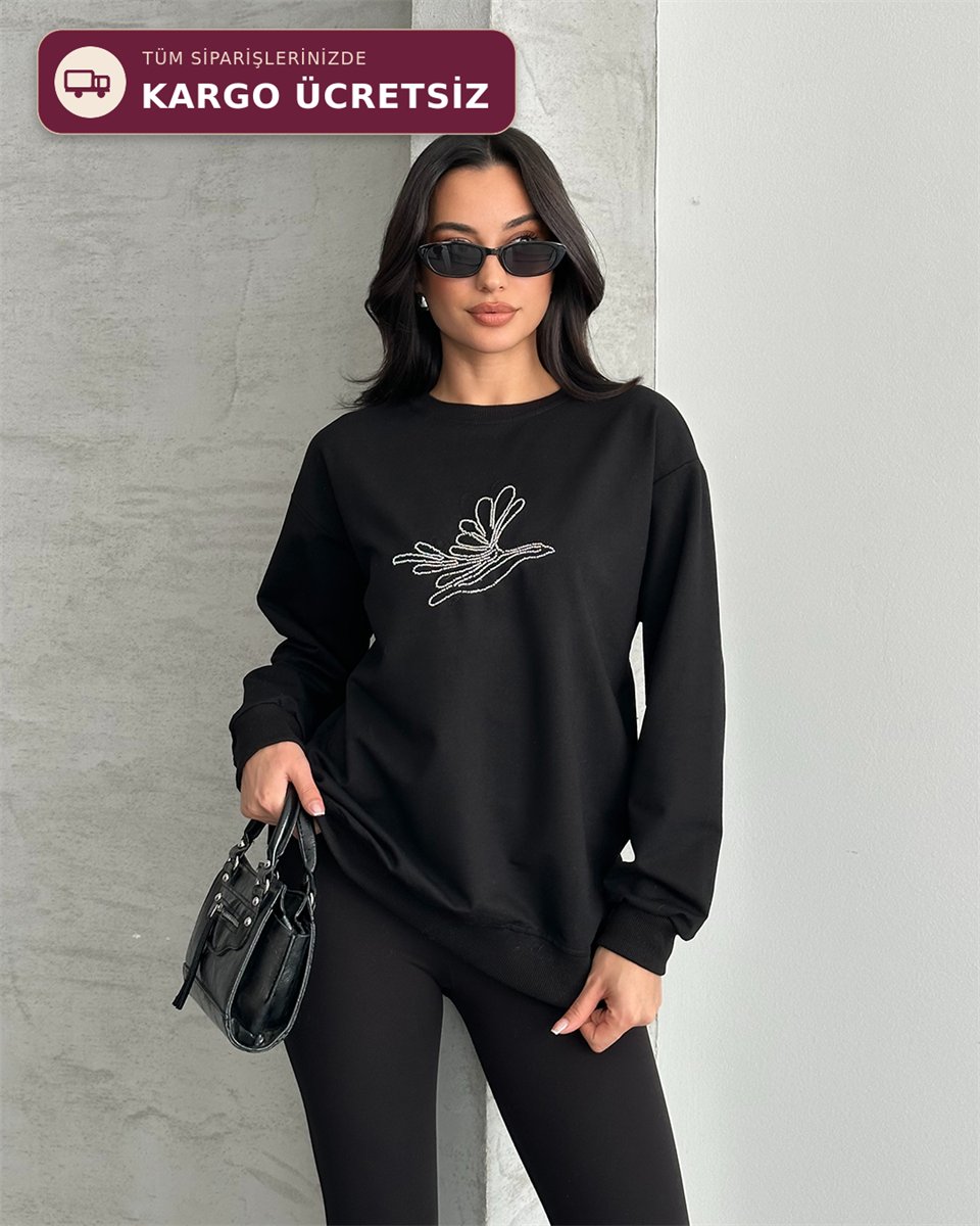 Taş Detaylı Unisex Siyah Sweatshirt