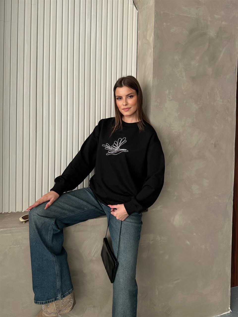 Taş Detaylı Unisex Siyah Sweatshirt