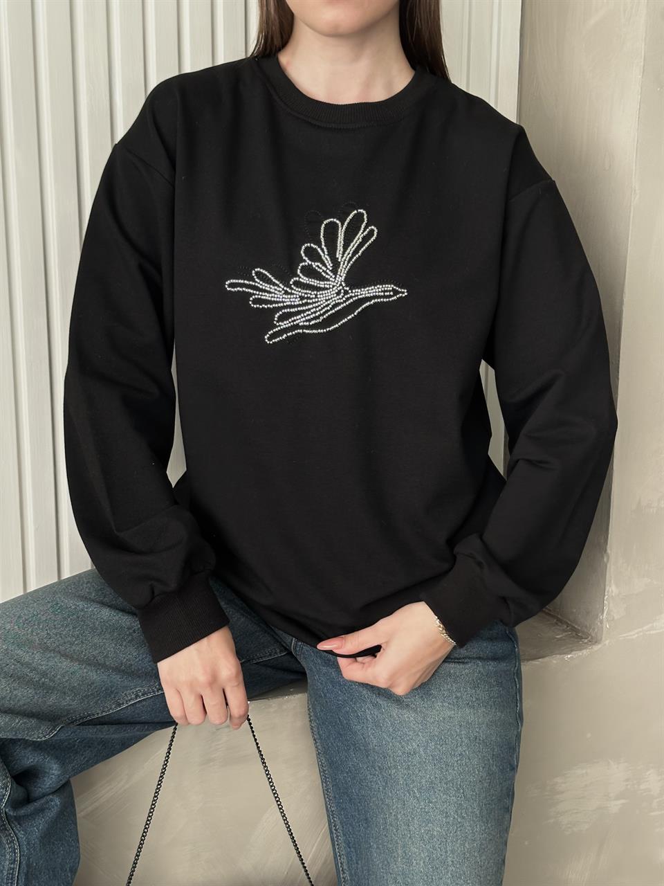 Taş Detaylı Unisex Siyah Sweatshirt