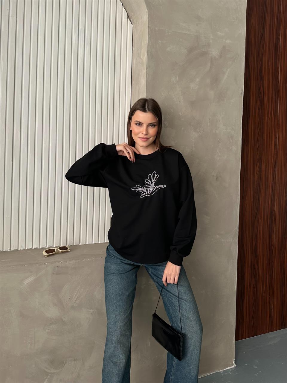 Taş Detaylı Unisex Siyah Sweatshirt