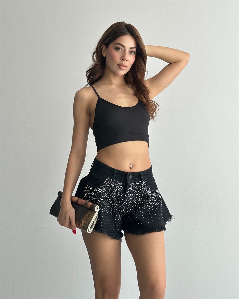 Taş İşlemeli Siyah Jean Şort