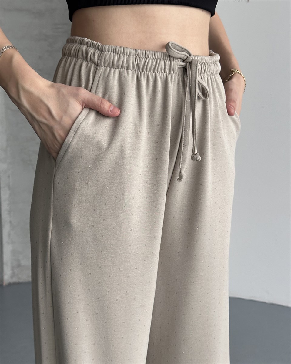 Taşlı Oversize Ekru Alt Eşofman