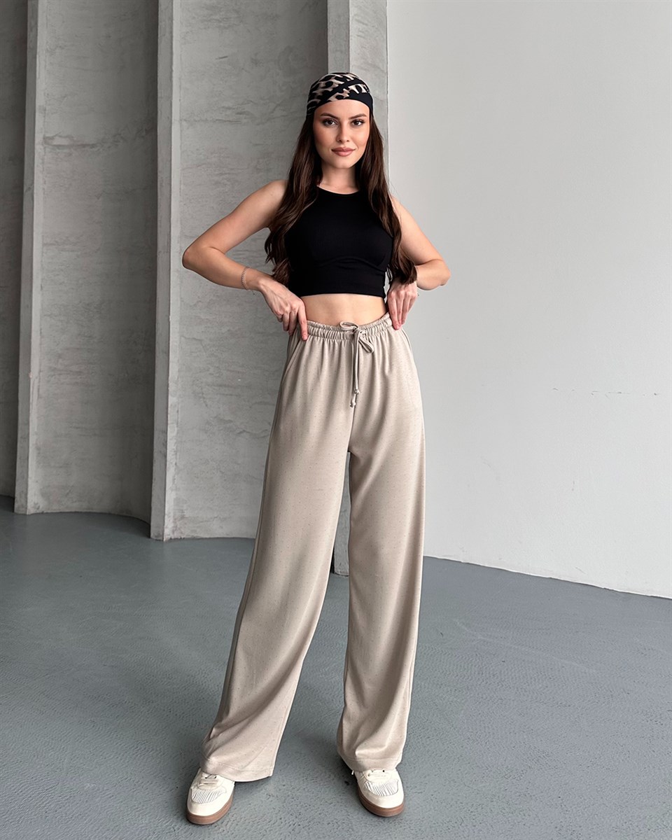 Taşlı Oversize Ekru Alt Eşofman