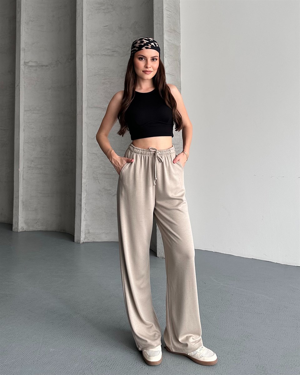 Taşlı Oversize Ekru Alt Eşofman