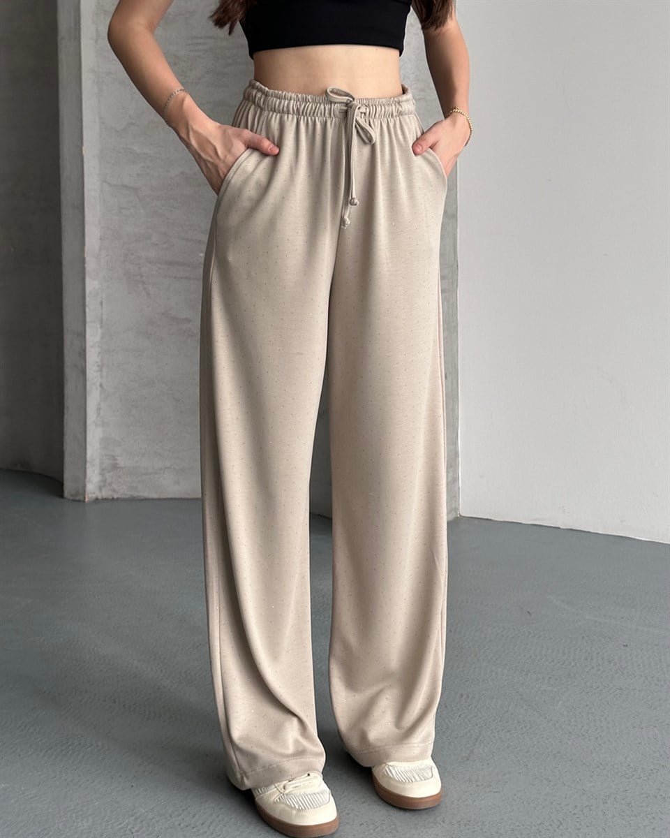 Taşlı Oversize Ekru Alt Eşofman