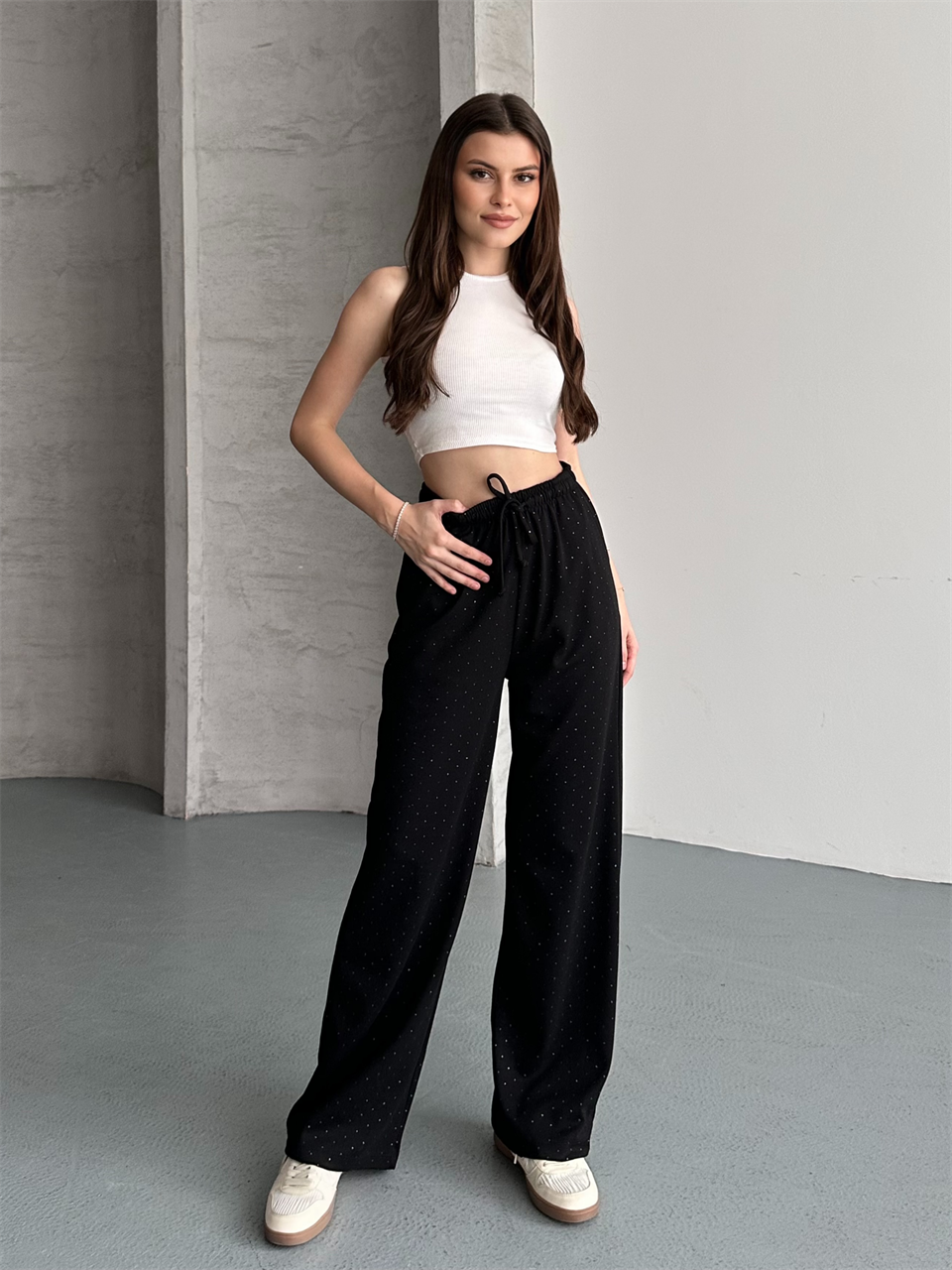 Taşlı Oversize Siyah Alt Eşofman