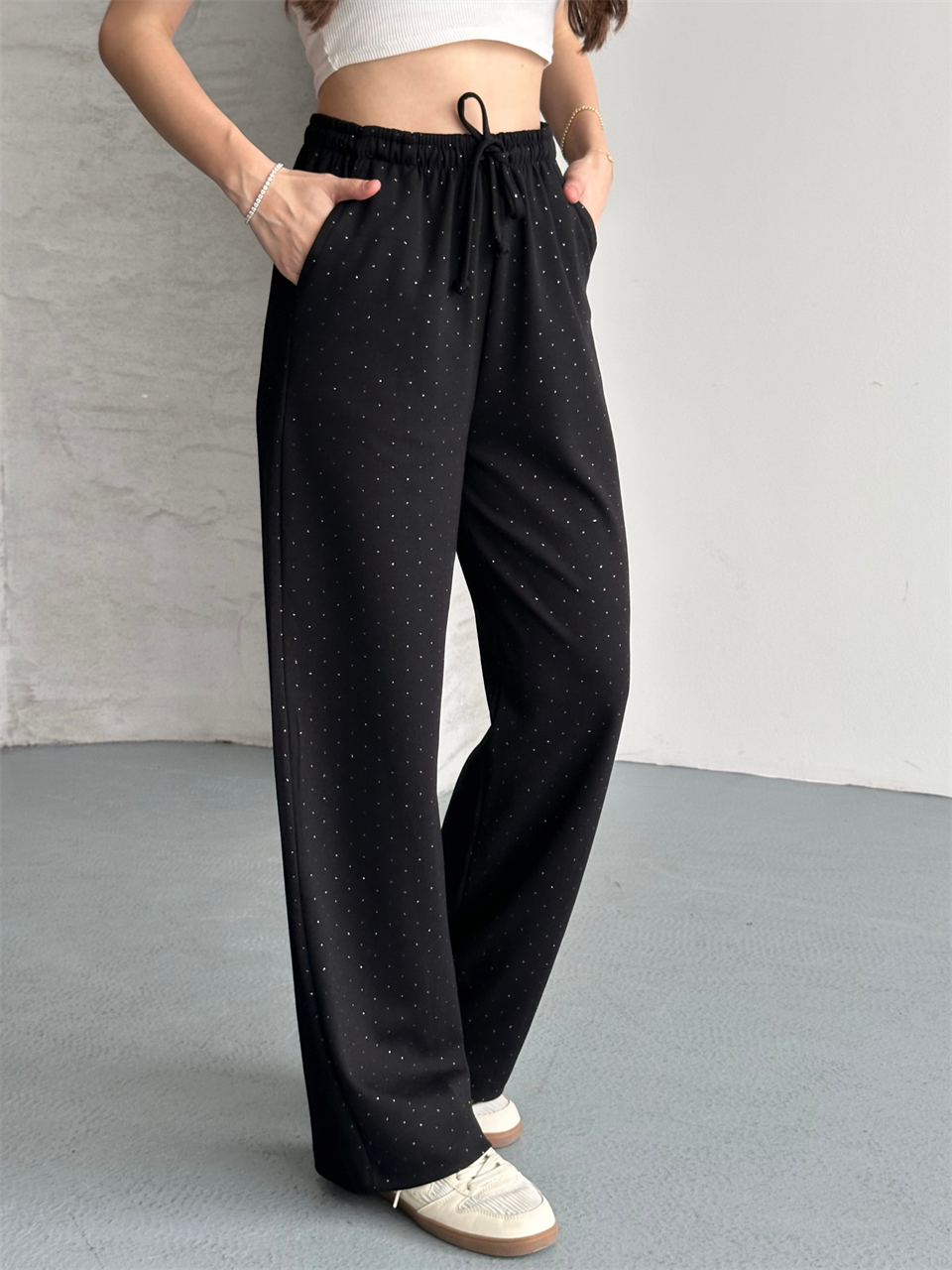 Taşlı Oversize Siyah Alt Eşofman