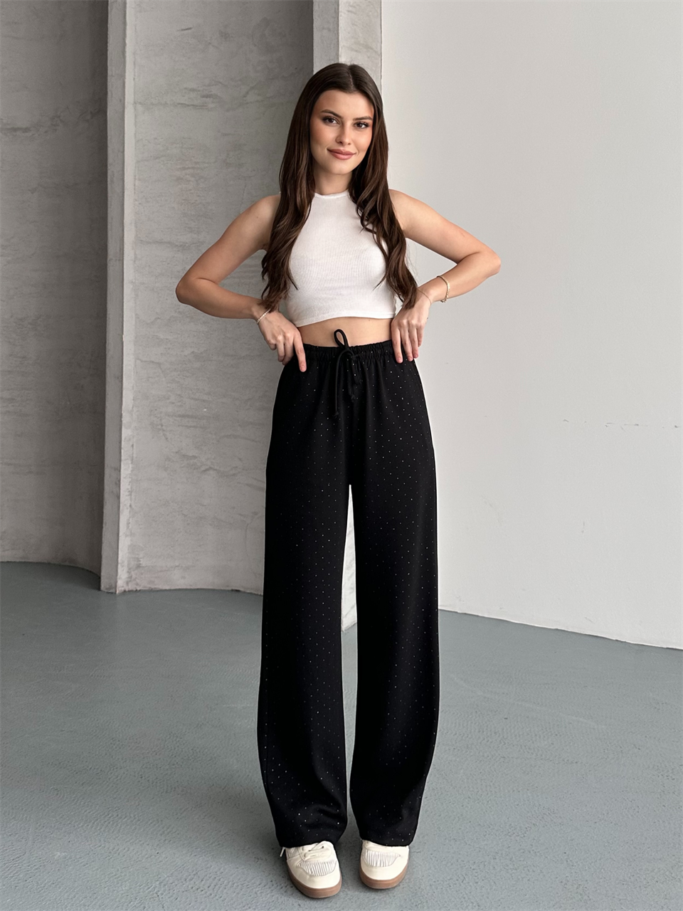 Taşlı Oversize Siyah Alt Eşofman