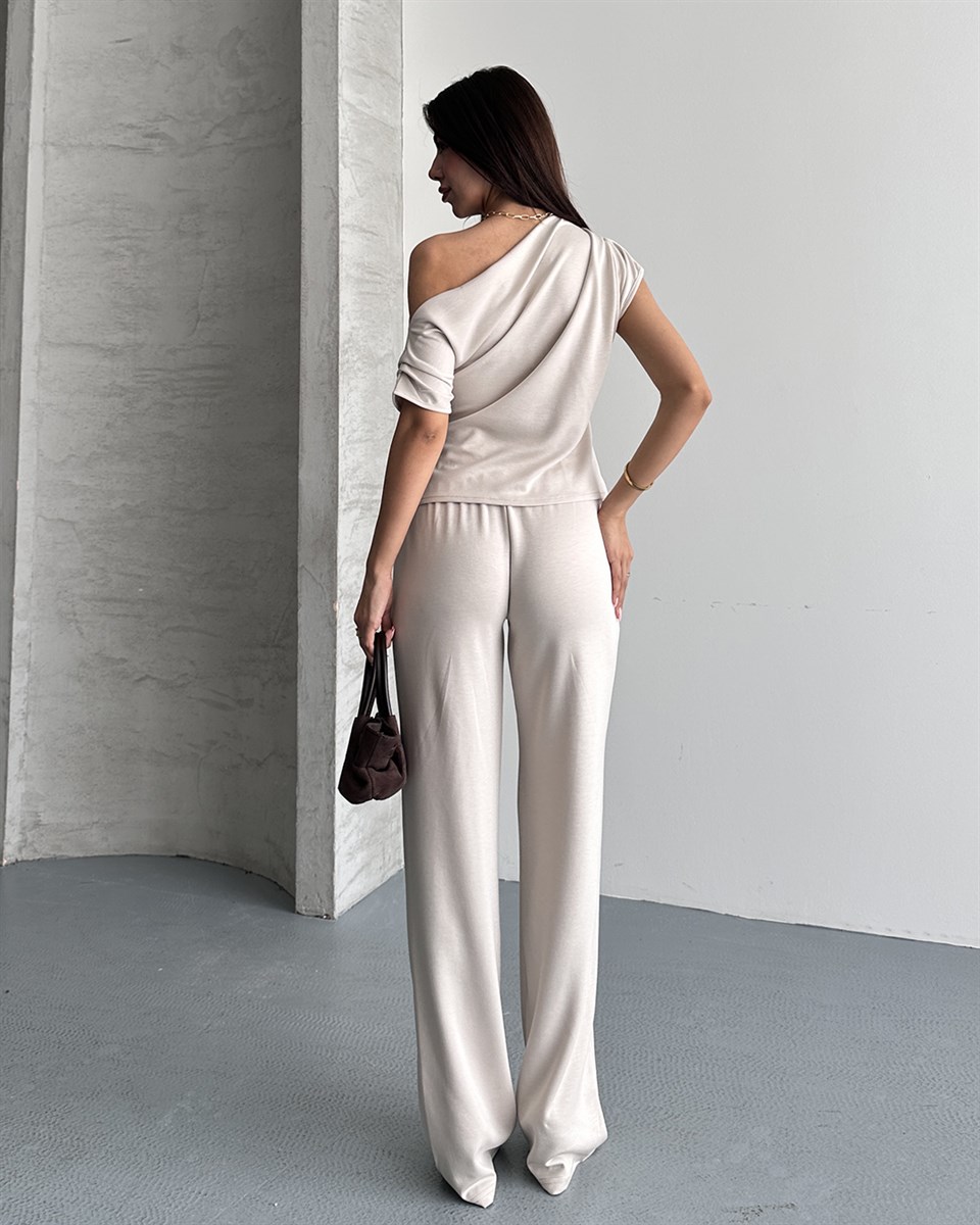 Taş Tek Omuz Drape Detaylı İkili Takım