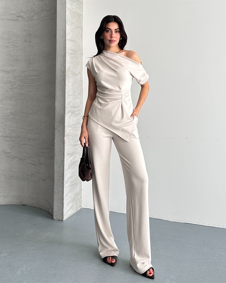 Taş Tek Omuz Drape Detaylı İkili Takım