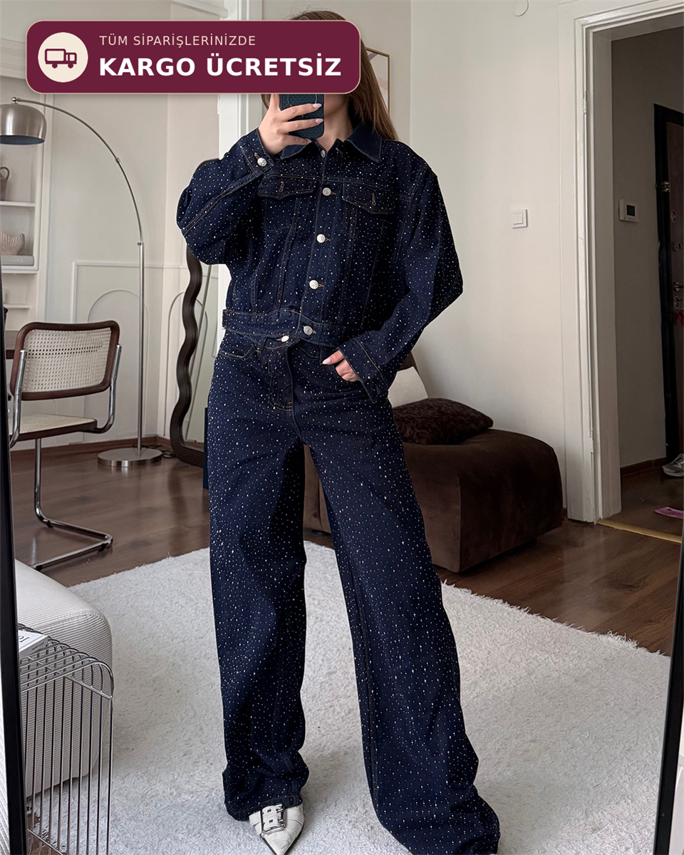 Taşlı Denim Ceket Pantolon İkili Takım