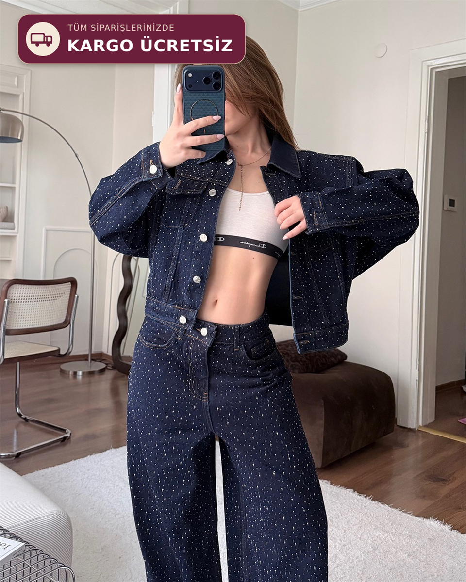 Taşlı Denim Ceket Pantolon İkili Takım