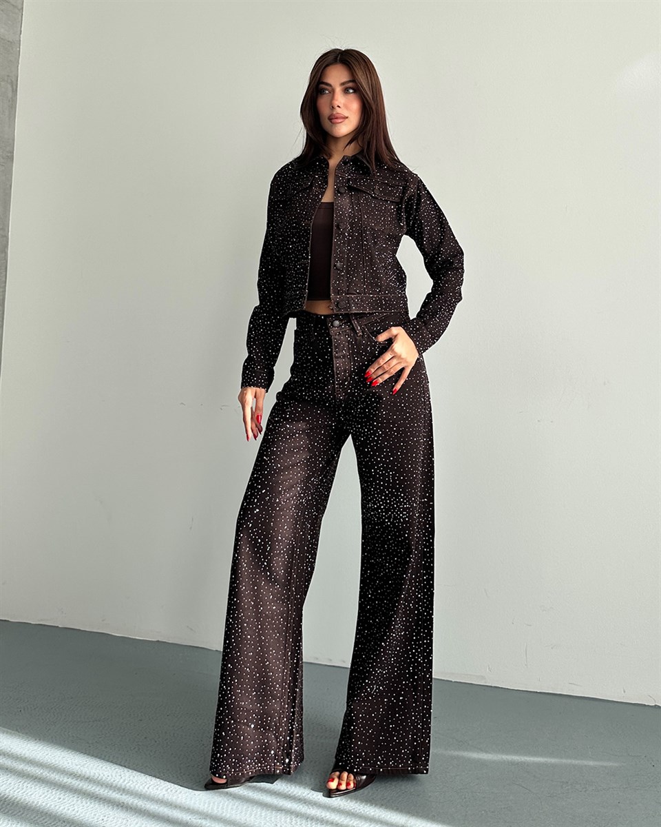 Taşlı Kahverengi Denim Ceket Pantolon İkili Takım