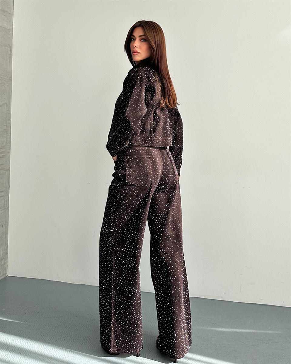 Taşlı Kahverengi Denim Ceket Pantolon İkili Takım