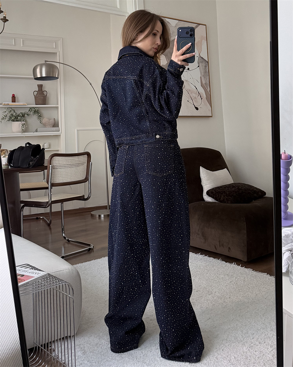Taşlı Denim Ceket Pantolon İkili Takım