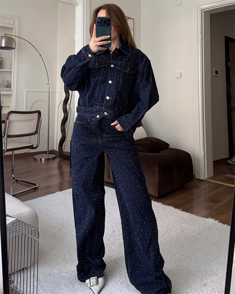 Taşlı Denim Ceket Pantolon İkili Takım