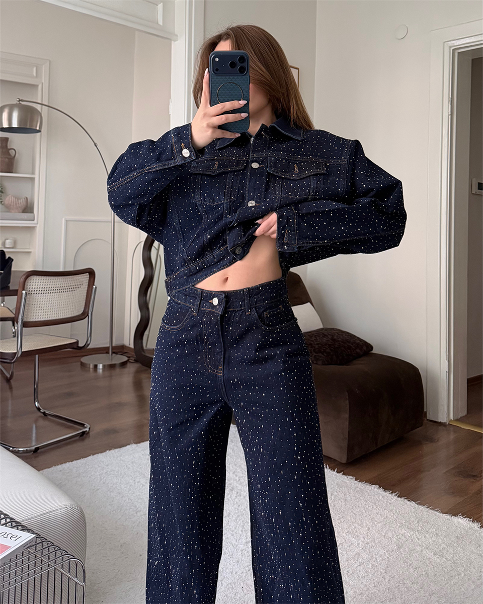 Taşlı Denim Ceket Pantolon İkili Takım