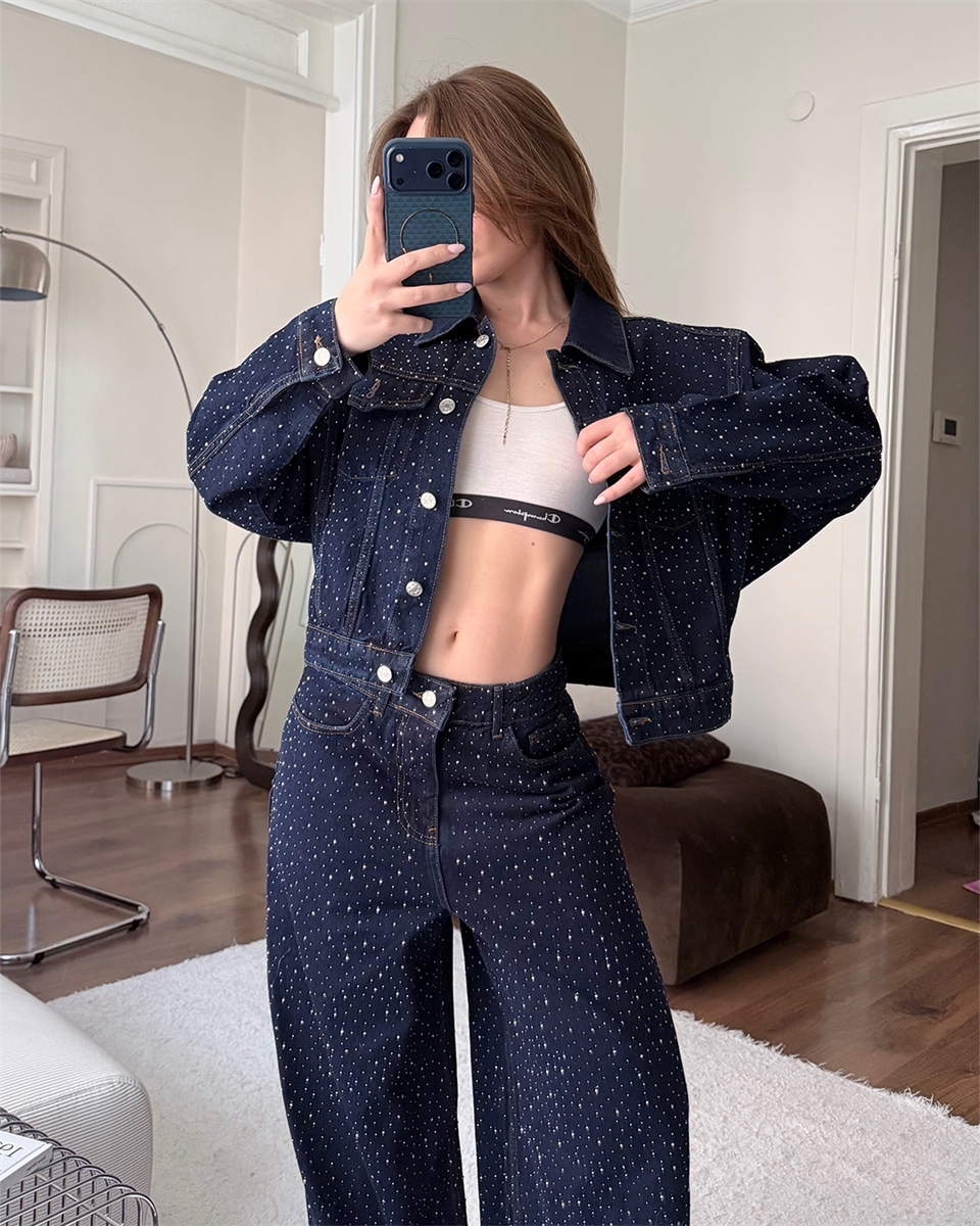 Taşlı Denim Ceket Pantolon İkili Takım