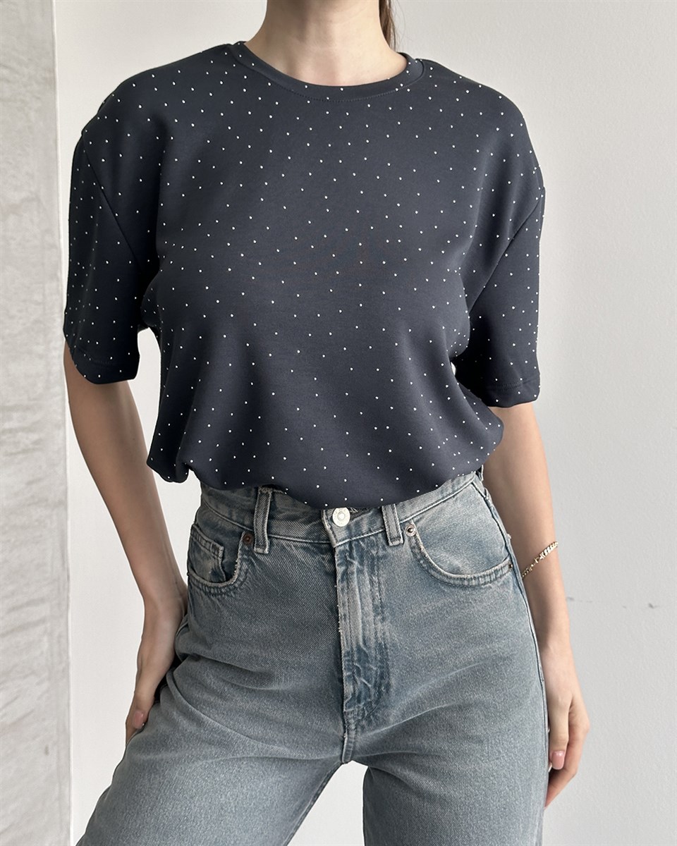 Taşlı Oversize Antrasit Tişört