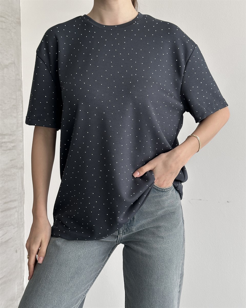 Taşlı Oversize Antrasit Tişört