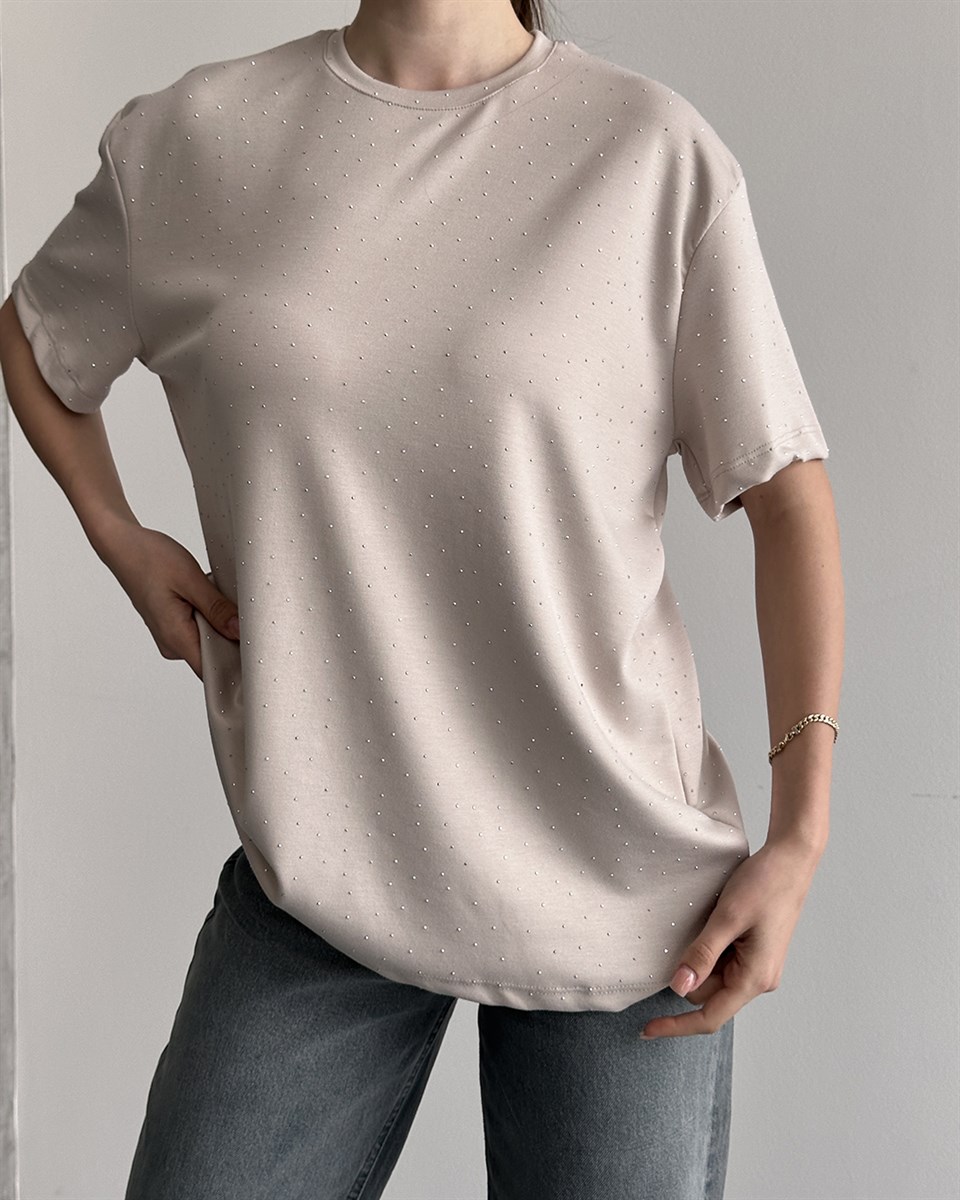 Taşlı Oversize Bej Tişört