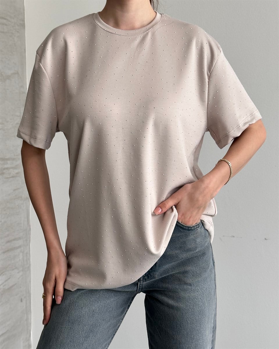 Taşlı Oversize Bej Tişört