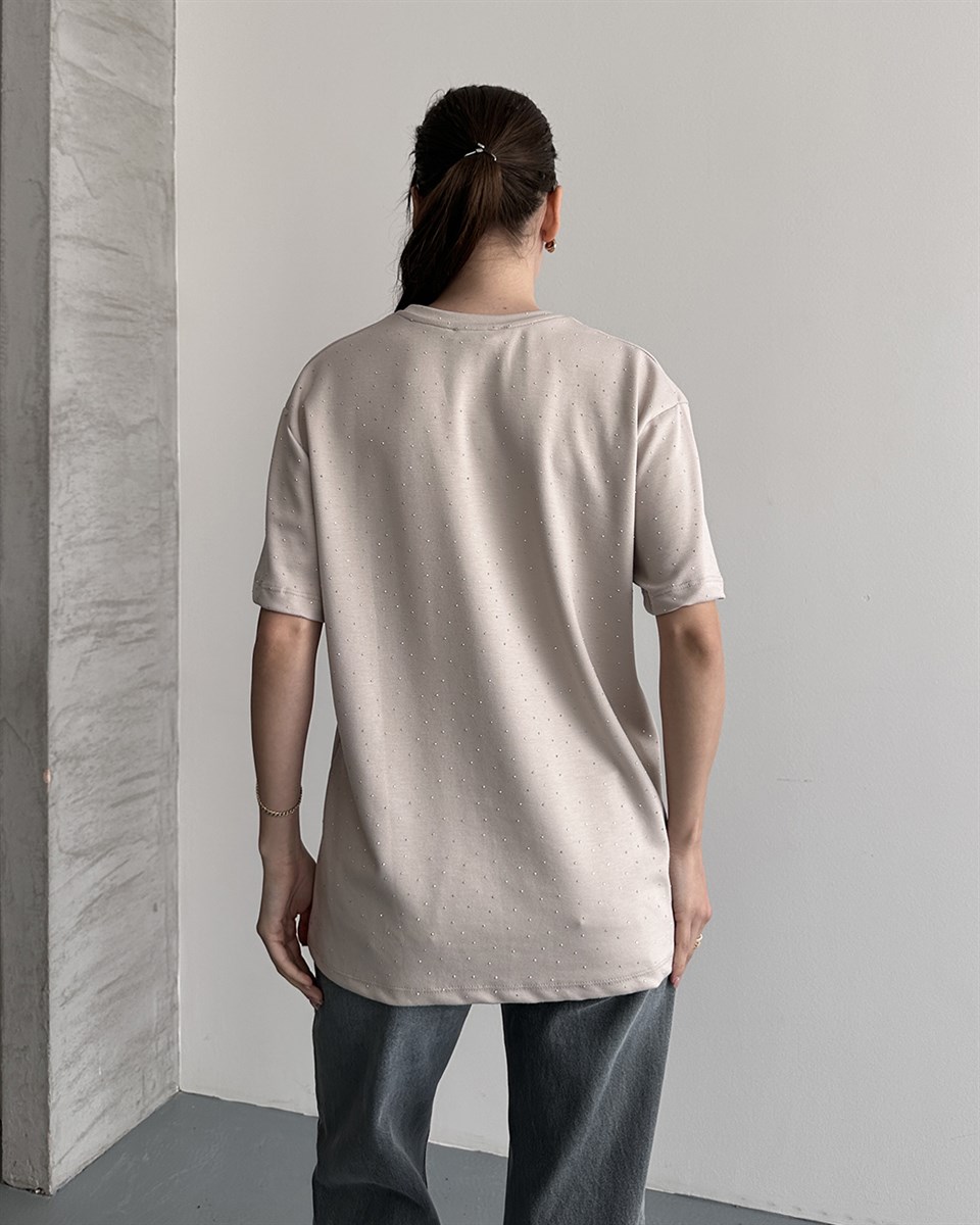 Taşlı Oversize Bej Tişört
