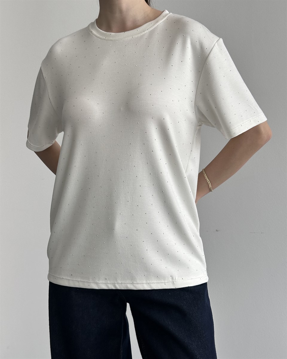 Taşlı Oversize Beyaz Tişört