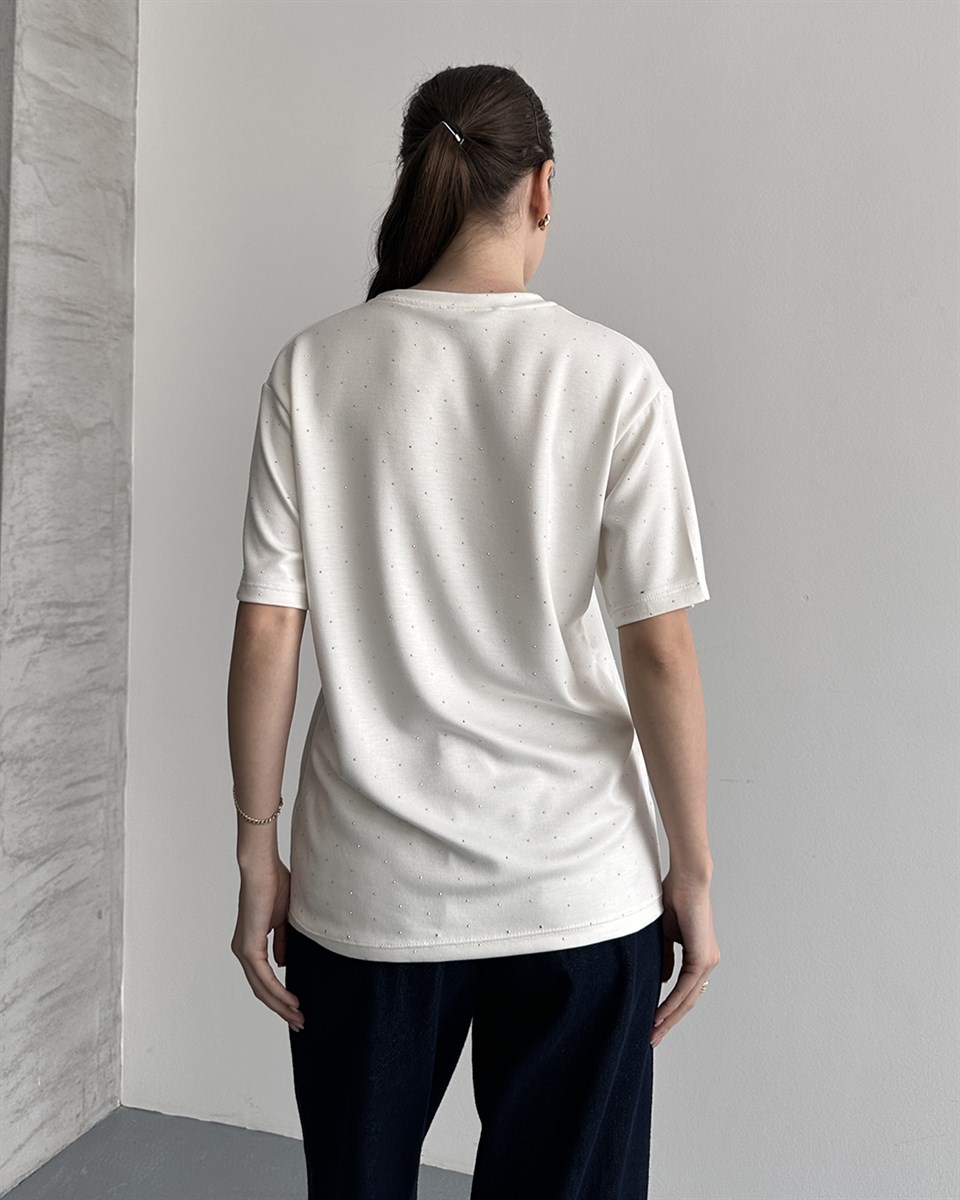 Taşlı Oversize Beyaz Tişört