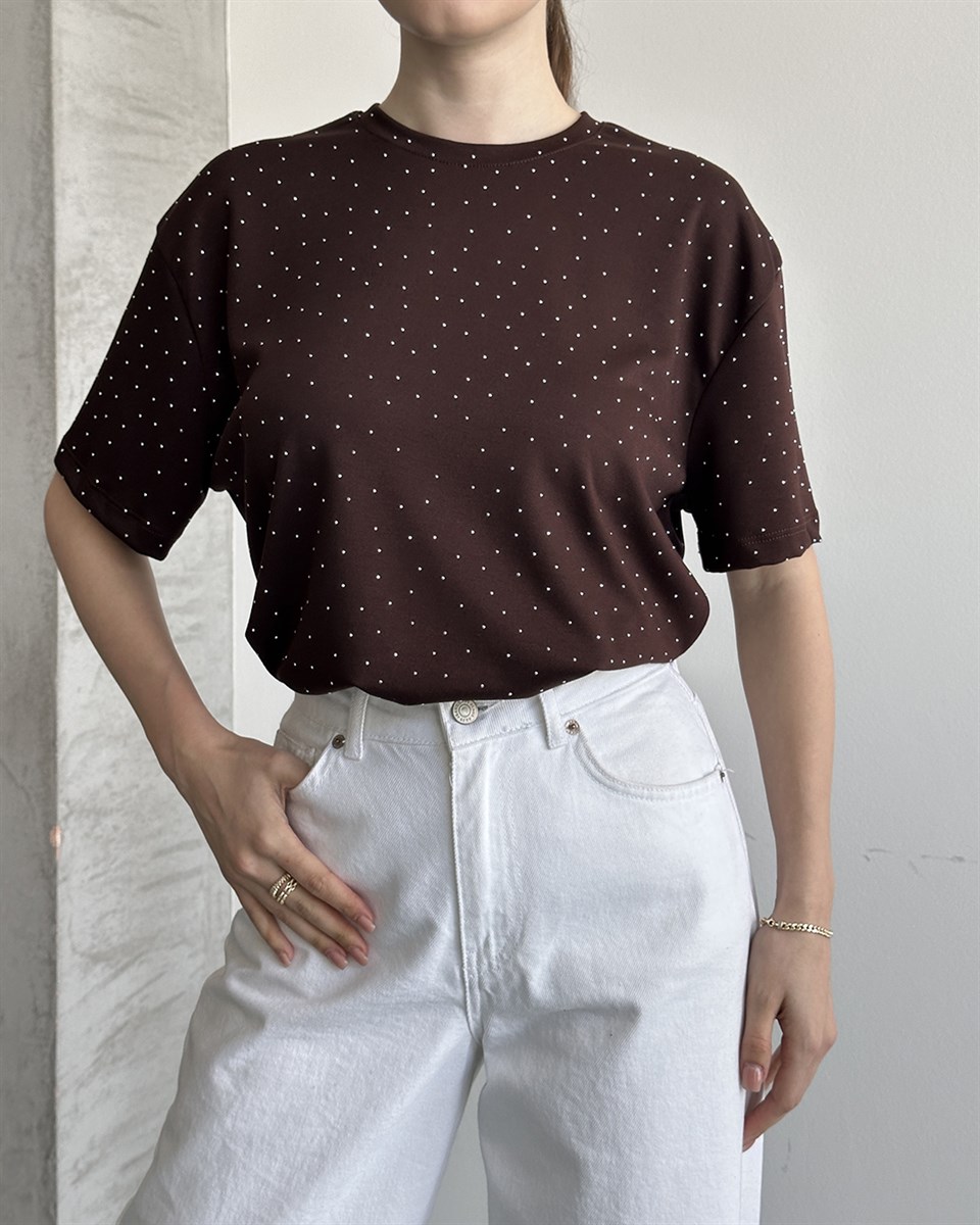 Taşlı Oversize Kahverengi Tişört